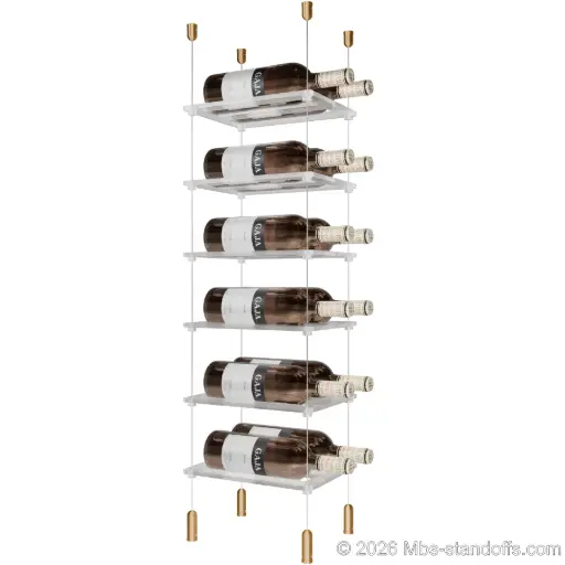 [ACG1904BR-CF02C-K6] Sauvignon - Pouilly-Fumé Collection Bottle Display Cable Cradle Kit, 12-Bottle (2x6) Capacity, Floating Cable System, 2-Bottle Flat Acrylic Cradle, Cable: 1/16″ Diameter, 13′-1″ Length with Champagne Anodized Hanger