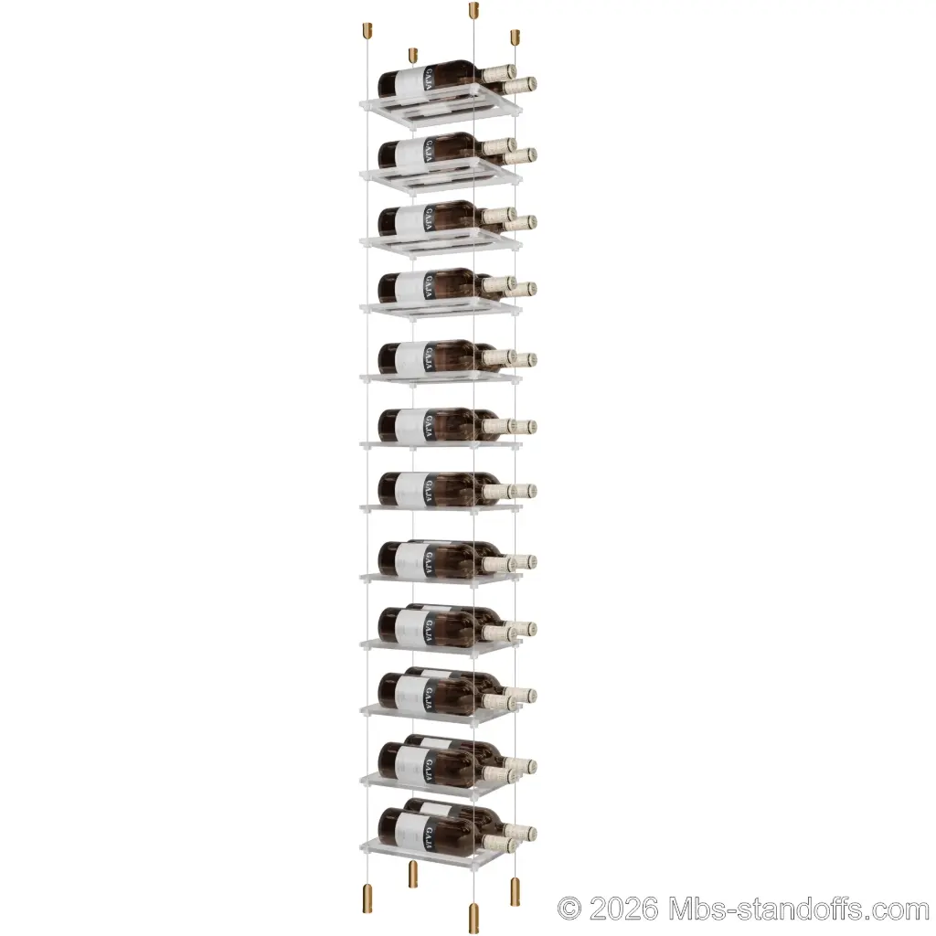 Sauvignon - Pouilly-Fumé Collection Bottle Display Cable Cradle Kit, 24-Bottle (2x12) Capacity, Floating Cable System, 2-Bottle Flat Acrylic Cradle, Cable: 1/16″ Diameter, 13′-1″ Length with Champagne Anodized Hanger