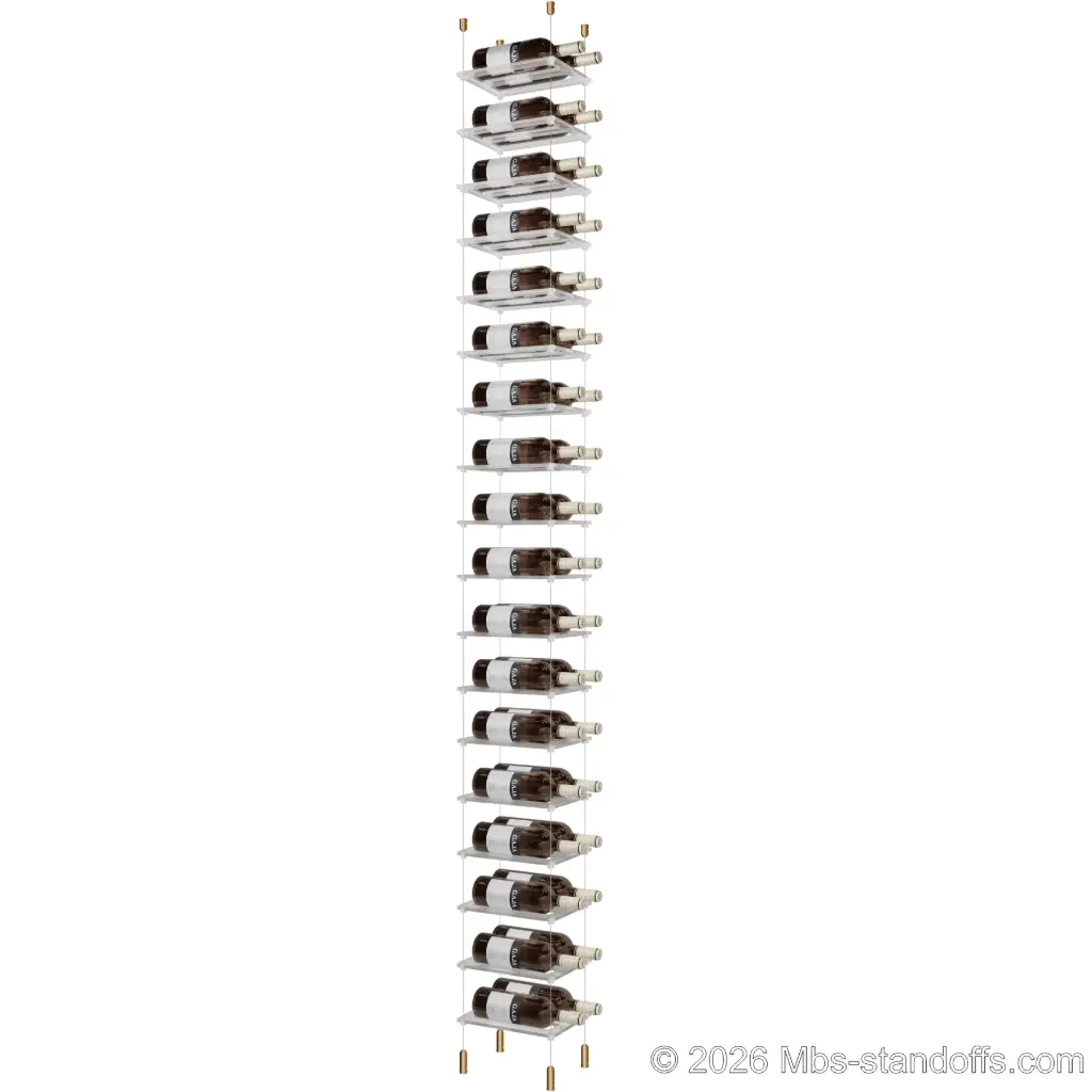 Sauvignon - Pouilly-Fumé Collection Bottle Display Cable Cradle Kit, 36-Bottle (2x18) Capacity, Floating Cable System, 2-Bottle Flat Acrylic Cradle, Cable: 1/16″ Diameter, 13′-1″ Length with Champagne Anodized Hanger