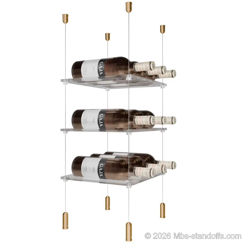 Sauvignon - Pouilly-Fumé Collection Bottle Display Cable Cradle Kit, 9-Bottle (3x3) Capacity, Floating Cable System, 3-Bottle Flat Acrylic Cradle, Cable: 1/16″ Diameter, 13′-1″ Length with Champagne Anodized Hanger