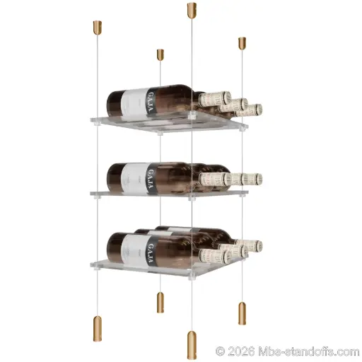 [ACG1904BR-CF03C-K3] Sauvignon - Pouilly-Fumé Collection Bottle Display Cable Cradle Kit, 9-Bottle (3x3) Capacity, Floating Cable System, 3-Bottle Flat Acrylic Cradle, Cable: 1/16″ Diameter, 13′-1″ Length with Champagne Anodized Hanger