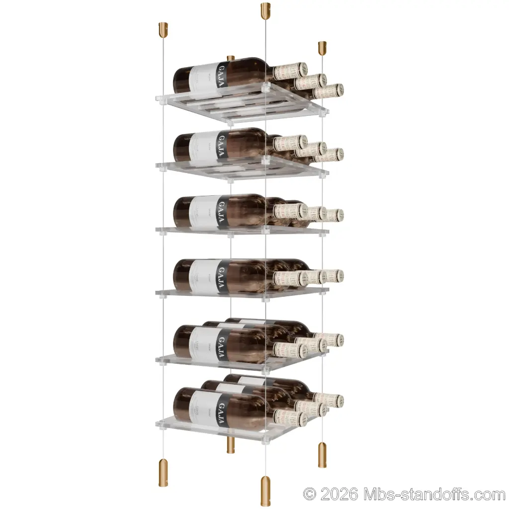 Sauvignon - Pouilly-Fumé Collection Bottle Display Cable Cradle Kit, 18-Bottle (3x6) Capacity, Floating Cable System, 3-Bottle Flat Acrylic Cradle, Cable: 1/16″ Diameter, 13′-1″ Length with Champagne Anodized Hanger