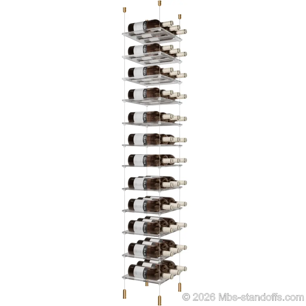 Sauvignon - Pouilly-Fumé Collection Bottle Display Cable Cradle Kit, 36-Bottle (3x12) Capacity, Floating Cable System, 3-Bottle Flat Acrylic Cradle, Cable: 1/16″ Diameter, 13′-1″ Length with Champagne Anodized Hanger