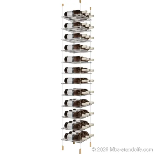 [ACG1904BR-CF03C-K12] Sauvignon - Pouilly-Fumé Collection Bottle Display Cable Cradle Kit, 36-Bottle (3x12) Capacity, Floating Cable System, 3-Bottle Flat Acrylic Cradle, Cable: 1/16″ Diameter, 13′-1″ Length with Champagne Anodized Hanger