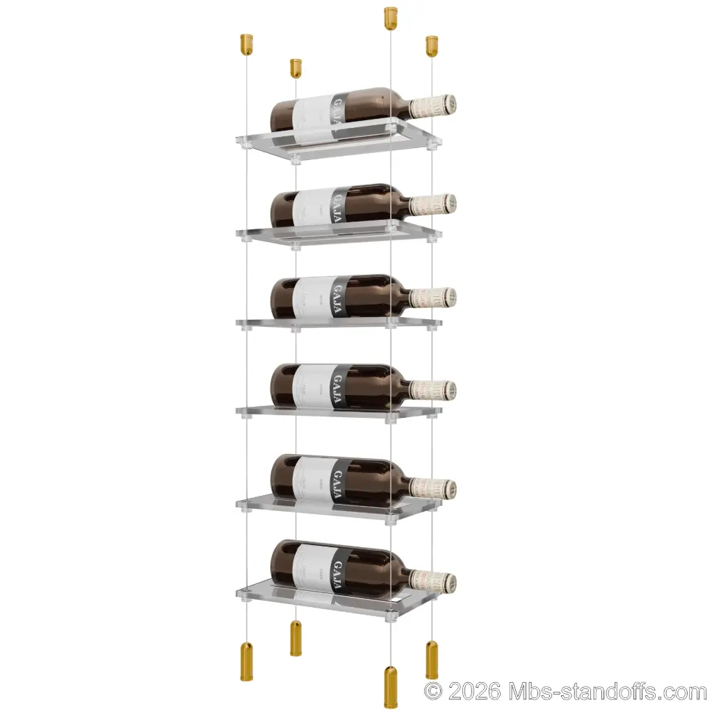 Sauvignon - Pouilly-Fumé Collection Bottle Display Cable Cradle Kit, 6-Bottle Capacity, Floating Cable System, 1-Bottle Flat Acrylic Cradle, Cable: 1/16″ Diameter, 13′-1″ Length with Gold Anodized Hanger