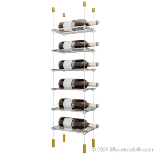 [ACG1904G-CF01C-K6] Sauvignon - Pouilly-Fumé Collection Bottle Display Cable Cradle Kit, 6-Bottle Capacity, Floating Cable System, 1-Bottle Flat Acrylic Cradle, Cable: 1/16″ Diameter, 13′-1″ Length with Gold Anodized Hanger