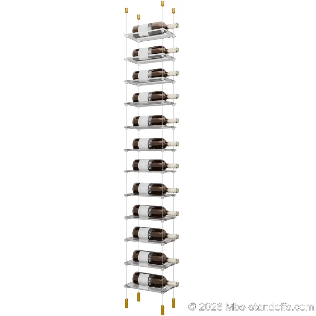 Sauvignon - Pouilly-Fumé Collection Bottle Display Cable Cradle Kit, 12-Bottle Capacity, Floating Cable System, 1-Bottle Flat Acrylic Cradle, Cable: 1/16″ Diameter, 13′-1″ Length with Gold Anodized Hanger