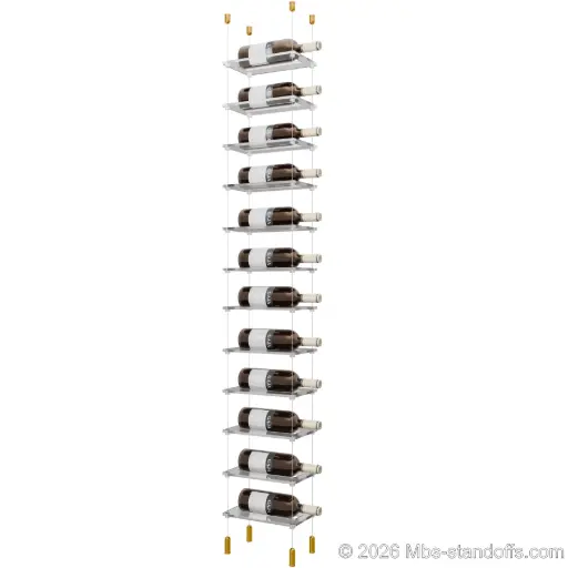 [ACG1904G-CF01C-K12] Sauvignon - Pouilly-Fumé Collection Bottle Display Cable Cradle Kit, 12-Bottle Capacity, Floating Cable System, 1-Bottle Flat Acrylic Cradle, Cable: 1/16″ Diameter, 13′-1″ Length with Gold Anodized Hanger