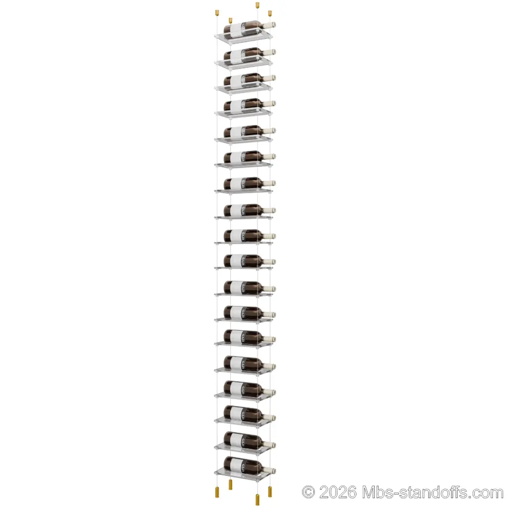 Sauvignon - Pouilly-Fumé Collection Bottle Display Cable Cradle Kit, 18-Bottle Capacity, Floating Cable System, 1-Bottle Flat Acrylic Cradle, Cable: 1/16″ Diameter, 13′-1″ Length with Gold Anodized Hanger