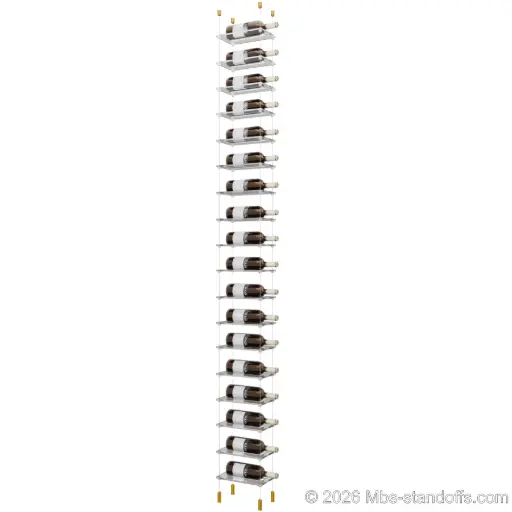 [ACG1904G-CF01C-K18] Sauvignon - Pouilly-Fumé Collection Bottle Display Cable Cradle Kit, 18-Bottle Capacity, Floating Cable System, 1-Bottle Flat Acrylic Cradle, Cable: 1/16″ Diameter, 13′-1″ Length with Gold Anodized Hanger