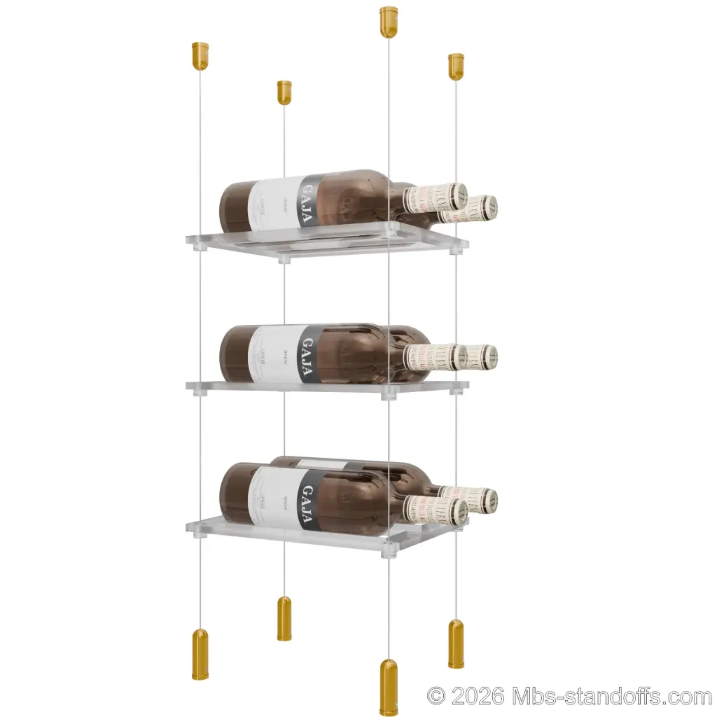 Sauvignon - Pouilly-Fumé Collection Bottle Display Cable Cradle Kit, 6-Bottle (2x3) Capacity, Floating Cable System, 2-Bottle Flat Acrylic Cradle, Cable: 1/16″ Diameter, 13′-1″ Length with Gold Anodized Hanger