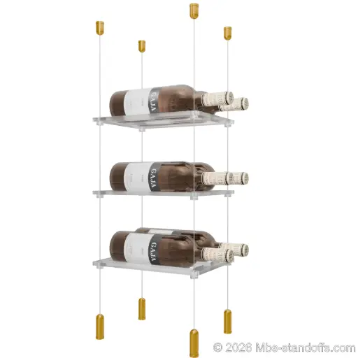 [ACG1904G-CF02C-K3] Sauvignon - Pouilly-Fumé Collection Bottle Display Cable Cradle Kit, 6-Bottle (2x3) Capacity, Floating Cable System, 2-Bottle Flat Acrylic Cradle, Cable: 1/16″ Diameter, 13′-1″ Length with Gold Anodized Hanger