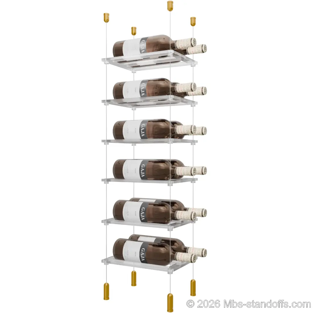 Sauvignon - Pouilly-Fumé Collection Bottle Display Cable Cradle Kit, 12-Bottle (2x6) Capacity, Floating Cable System, 2-Bottle Flat Acrylic Cradle, Cable: 1/16″ Diameter, 13′-1″ Length with Gold Anodized Hanger