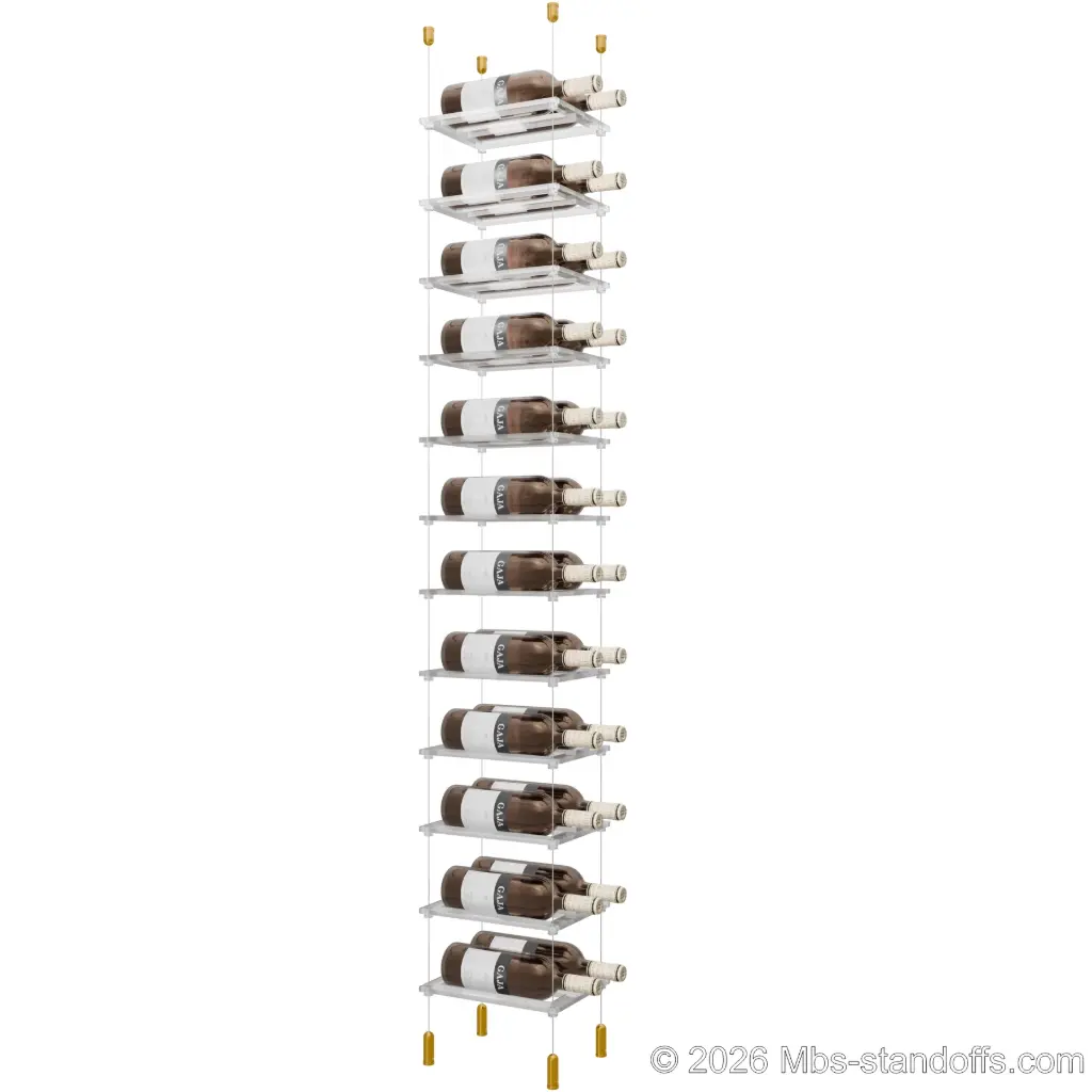 Sauvignon - Pouilly-Fumé Collection Bottle Display Cable Cradle Kit, 24-Bottle (2x12) Capacity, Floating Cable System, 2-Bottle Flat Acrylic Cradle, Cable: 1/16″ Diameter, 13′-1″ Length with Gold Anodized Hanger