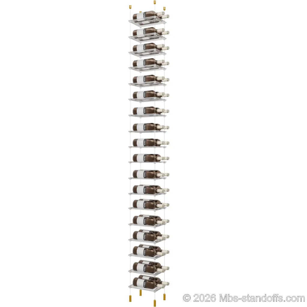 Sauvignon - Pouilly-Fumé Collection Bottle Display Cable Cradle Kit, 36-Bottle (2x18) Capacity, Floating Cable System, 2-Bottle Flat Acrylic Cradle, Cable: 1/16″ Diameter, 13′-1″ Length with Gold Anodized Hanger