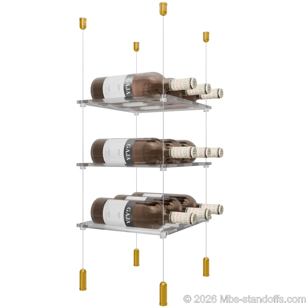 Sauvignon - Pouilly-Fumé Collection Bottle Display Cable Cradle Kit, 9-Bottle (3x3) Capacity, Floating Cable System, 3-Bottle Flat Acrylic Cradle, Cable: 1/16″ Diameter, 13′-1″ Length with Gold Anodized Hanger