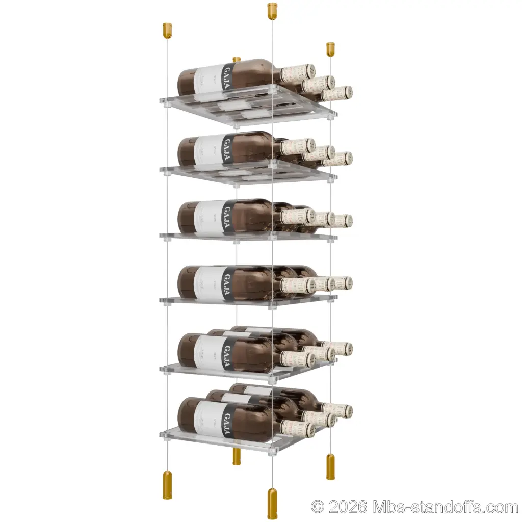 Sauvignon - Pouilly-Fumé Collection Bottle Display Cable Cradle Kit, 18-Bottle (3x6) Capacity, Floating Cable System, 3-Bottle Flat Acrylic Cradle, Cable: 1/16″ Diameter, 13′-1″ Length with Gold Anodized Hanger