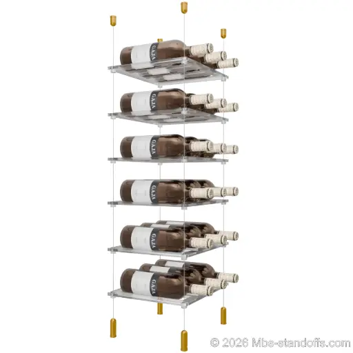 [ACG1904G-CF03C-K6] Sauvignon - Pouilly-Fumé Collection Bottle Display Cable Cradle Kit, 18-Bottle (3x6) Capacity, Floating Cable System, 3-Bottle Flat Acrylic Cradle, Cable: 1/16″ Diameter, 13′-1″ Length with Gold Anodized Hanger