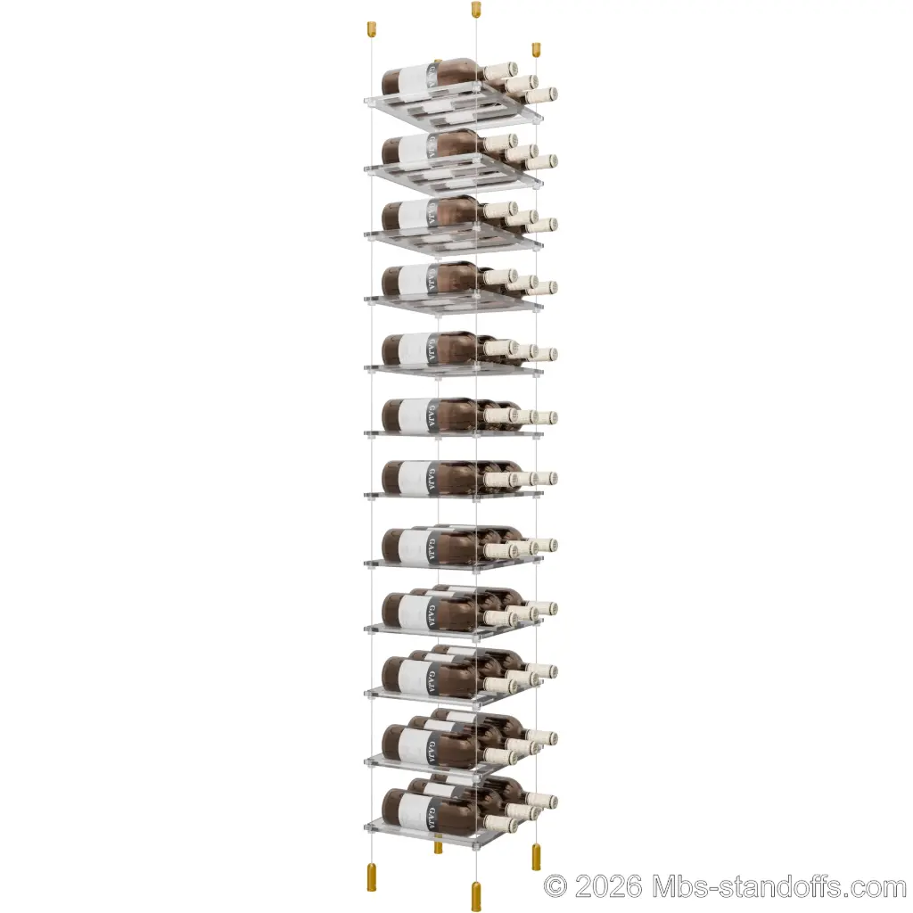 Sauvignon - Pouilly-Fumé Collection Bottle Display Cable Cradle Kit, 36-Bottle (3x12) Capacity, Floating Cable System, 3-Bottle Flat Acrylic Cradle, Cable: 1/16″ Diameter, 13′-1″ Length with Gold Anodized Hanger