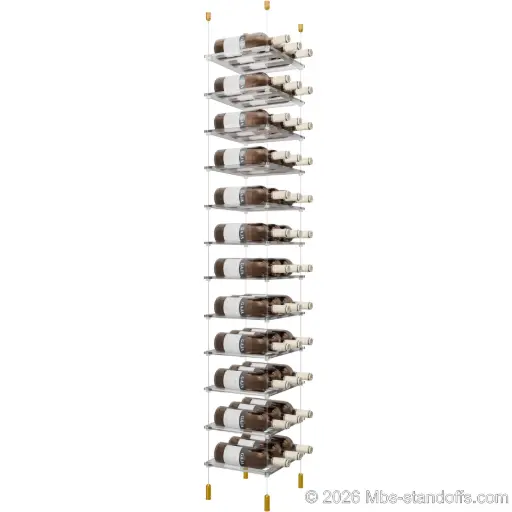 [ACG1904G-CF03C-K12] Sauvignon - Pouilly-Fumé Collection Bottle Display Cable Cradle Kit, 36-Bottle (3x12) Capacity, Floating Cable System, 3-Bottle Flat Acrylic Cradle, Cable: 1/16″ Diameter, 13′-1″ Length with Gold Anodized Hanger