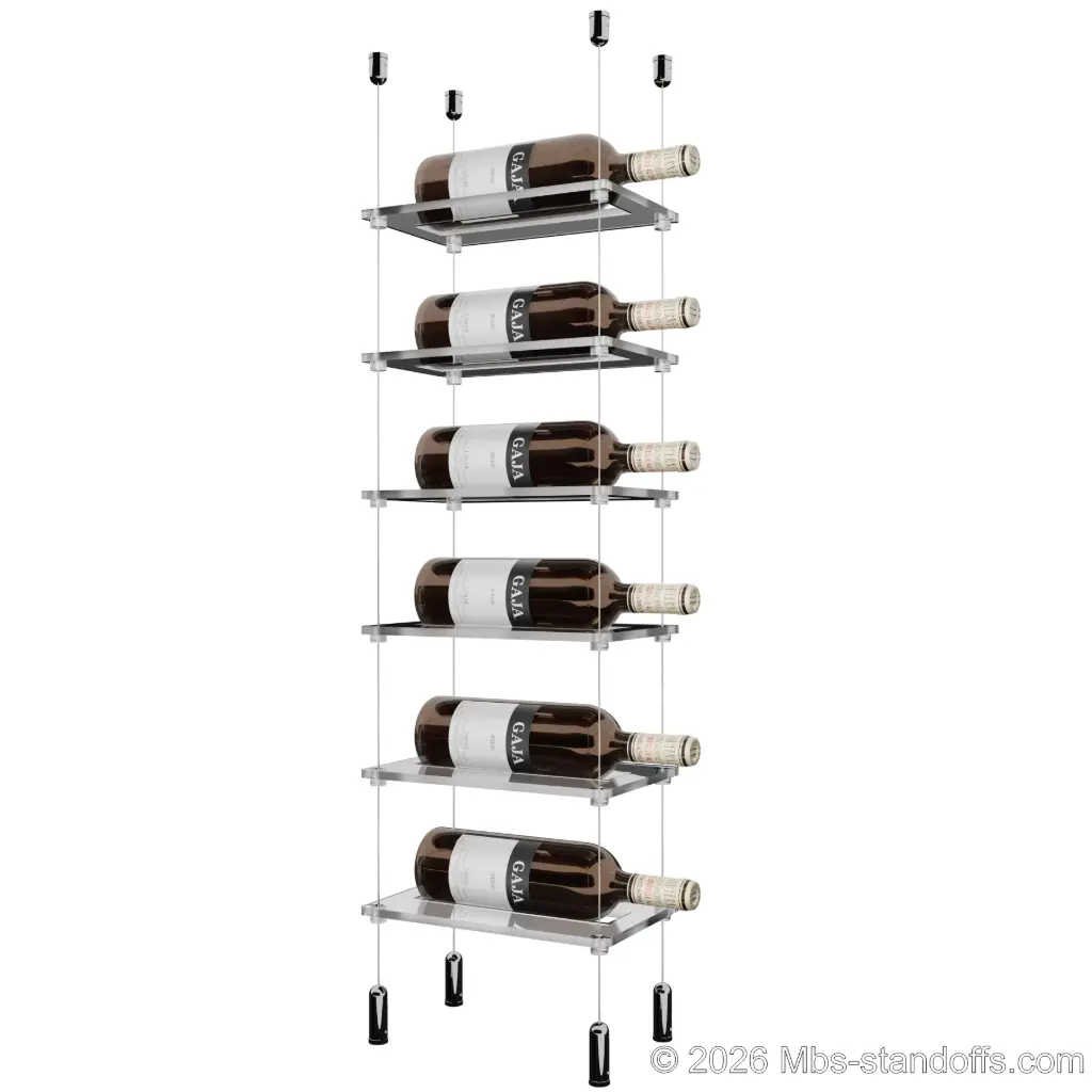 Sauvignon - Pouilly-Fumé Collection Bottle Display Cable Cradle Kit, 6-Bottle Capacity, Floating Cable System, 1-Bottle Flat Acrylic Cradle, Cable: 1/16″ Diameter, 13′-1″ Length with Chrome Mirror Hanger