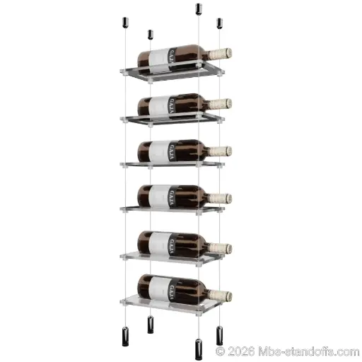 [ACG1904CP-CF01C-K6] Sauvignon - Pouilly-Fumé Collection Bottle Display Cable Cradle Kit, 6-Bottle Capacity, Floating Cable System, 1-Bottle Flat Acrylic Cradle, Cable: 1/16″ Diameter, 13′-1″ Length with Chrome Mirror Hanger