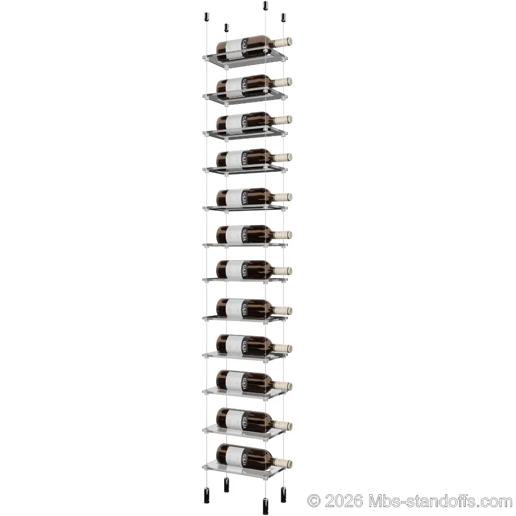 Sauvignon - Pouilly-Fumé Collection Bottle Display Cable Cradle Kit, 12-Bottle Capacity, Floating Cable System, 1-Bottle Flat Acrylic Cradle, Cable: 1/16″ Diameter, 13′-1″ Length with Chrome Mirror Hanger