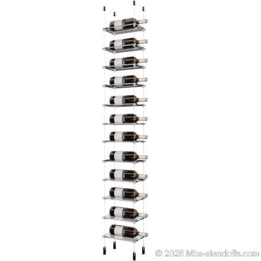 [ACG1904CP-CF01C-K12] Sauvignon - Pouilly-Fumé Collection Bottle Display Cable Cradle Kit, 12-Bottle Capacity, Floating Cable System, 1-Bottle Flat Acrylic Cradle, Cable: 1/16″ Diameter, 13′-1″ Length with Chrome Mirror Hanger