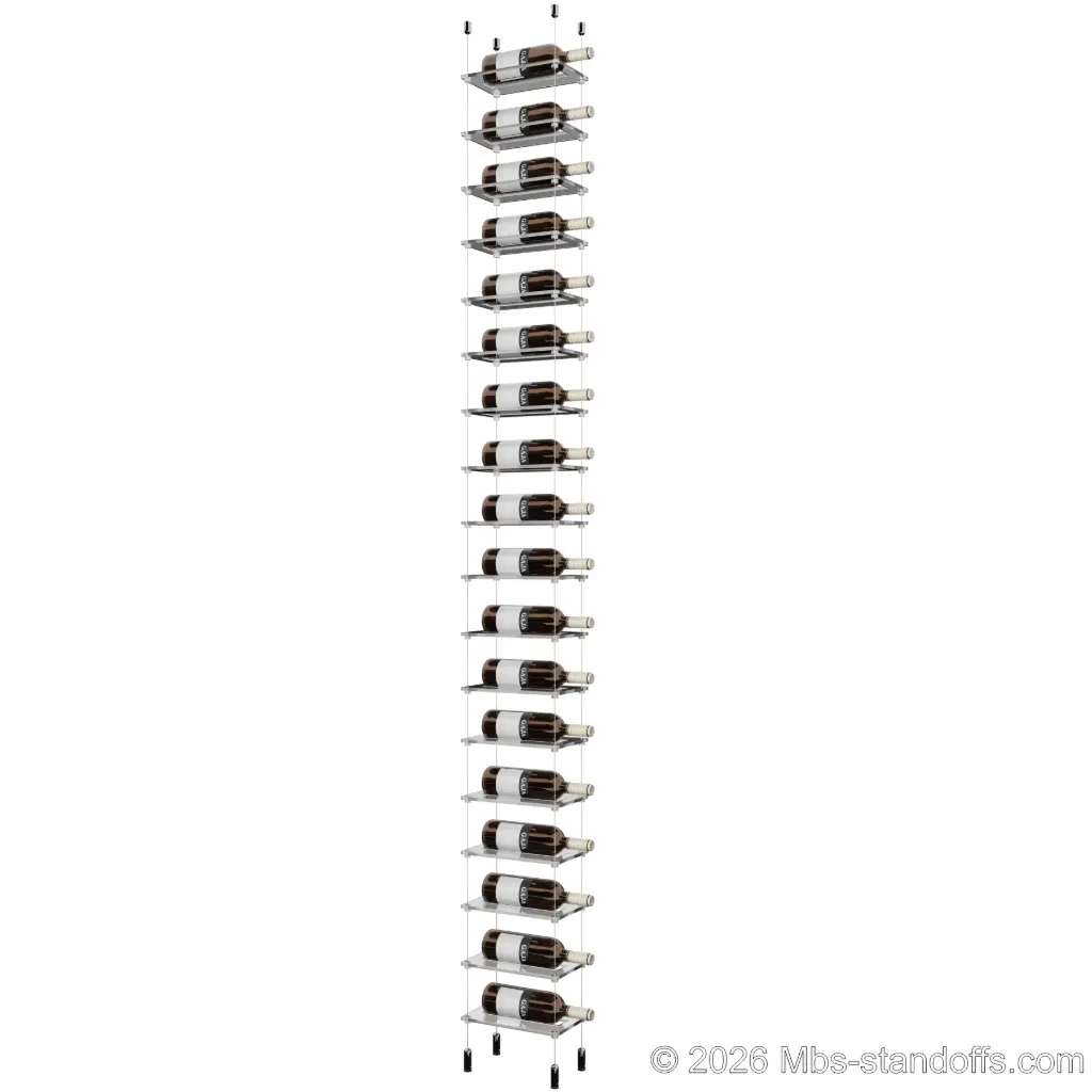 Sauvignon - Pouilly-Fumé Collection Bottle Display Cable Cradle Kit, 18-Bottle Capacity, Floating Cable System, 1-Bottle Flat Acrylic Cradle, Cable: 1/16″ Diameter, 13′-1″ Length with Chrome Mirror Hanger