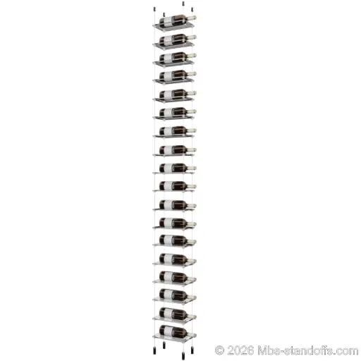 [ACG1904CP-CF01C-K18] Sauvignon - Pouilly-Fumé Collection Bottle Display Cable Cradle Kit, 18-Bottle Capacity, Floating Cable System, 1-Bottle Flat Acrylic Cradle, Cable: 1/16″ Diameter, 13′-1″ Length with Chrome Mirror Hanger