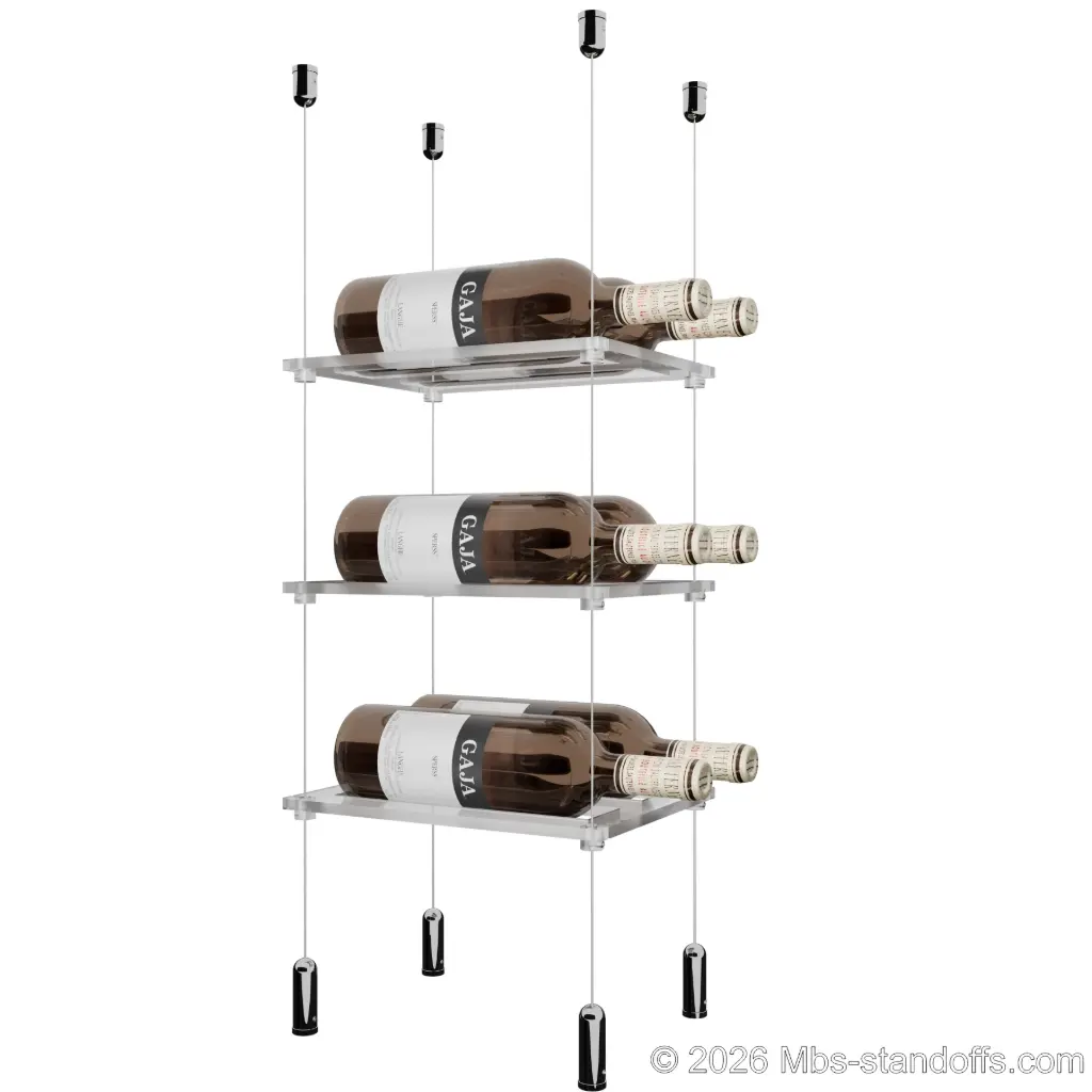 Sauvignon - Pouilly-Fumé Collection Bottle Display Cable Cradle Kit, 6-Bottle (2x3) Capacity, Floating Cable System, 2-Bottle Flat Acrylic Cradle, Cable: 1/16″ Diameter, 13′-1″ Length with Chrome Mirror Hanger