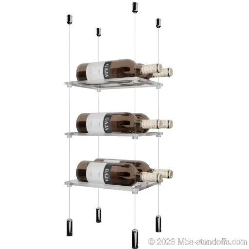 [ACG1904CP-CF02C-K3] Sauvignon - Pouilly-Fumé Collection Bottle Display Cable Cradle Kit, 6-Bottle (2x3) Capacity, Floating Cable System, 2-Bottle Flat Acrylic Cradle, Cable: 1/16″ Diameter, 13′-1″ Length with Chrome Mirror Hanger
