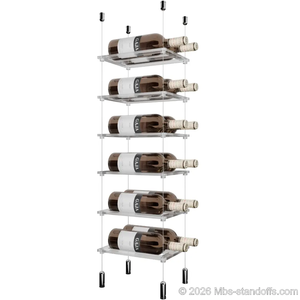 Sauvignon - Pouilly-Fumé Collection Bottle Display Cable Cradle Kit, 12-Bottle (2x6) Capacity, Floating Cable System, 2-Bottle Flat Acrylic Cradle, Cable: 1/16″ Diameter, 13′-1″ Length with Chrome Mirror Hanger