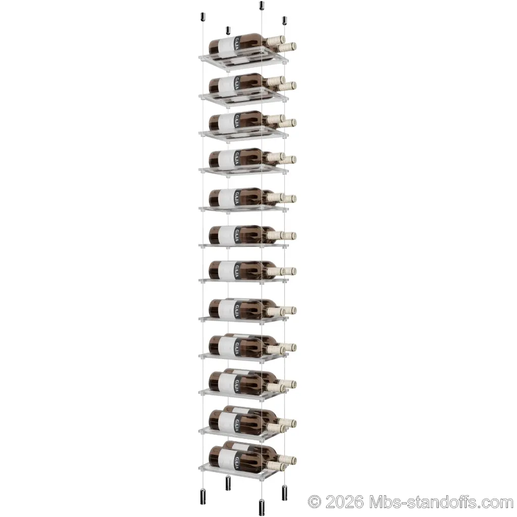 Sauvignon - Pouilly-Fumé Collection Bottle Display Cable Cradle Kit, 24-Bottle (2x12) Capacity, Floating Cable System, 2-Bottle Flat Acrylic Cradle, Cable: 1/16″ Diameter, 13′-1″ Length with Chrome Mirror Hanger