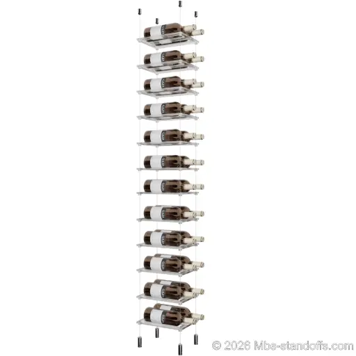[ACG1904CP-CF02C-K12] Sauvignon - Pouilly-Fumé Collection Bottle Display Cable Cradle Kit, 24-Bottle (2x12) Capacity, Floating Cable System, 2-Bottle Flat Acrylic Cradle, Cable: 1/16″ Diameter, 13′-1″ Length with Chrome Mirror Hanger