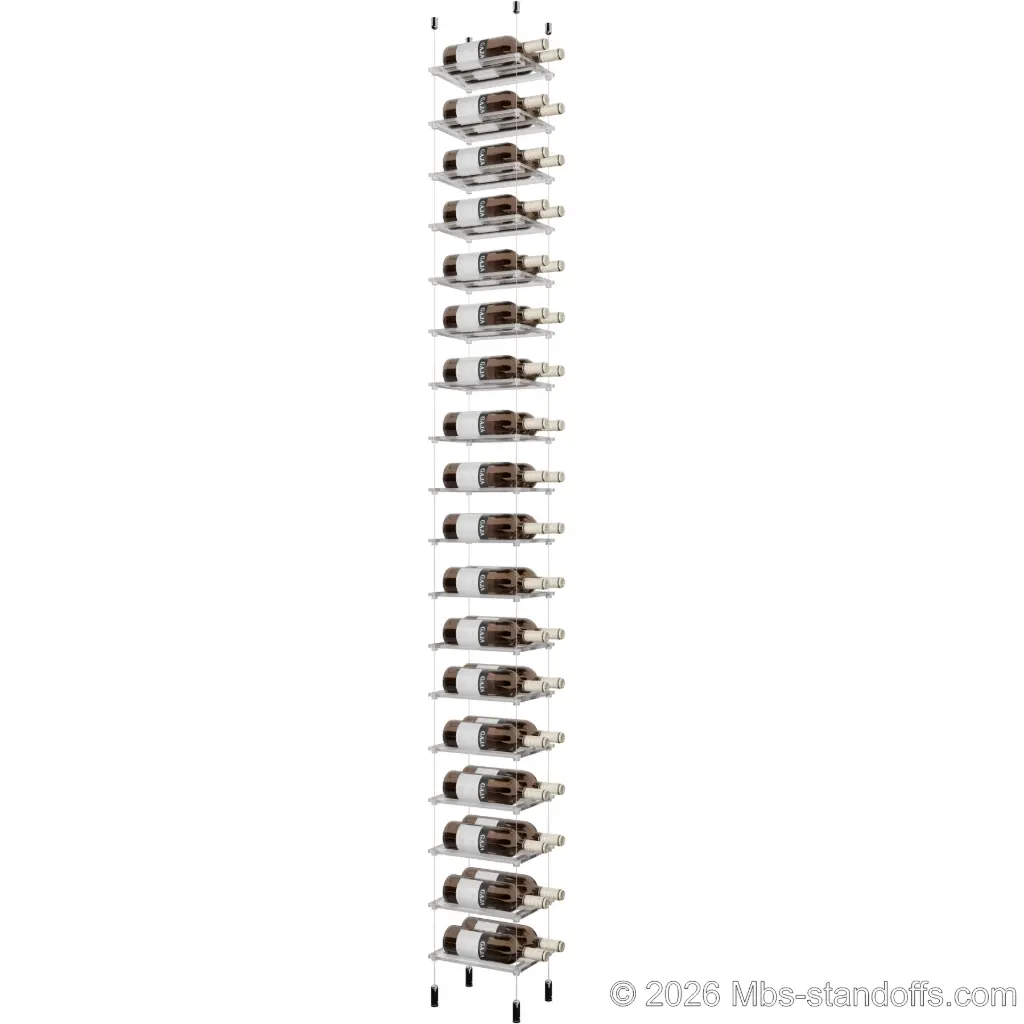 Sauvignon - Pouilly-Fumé Collection Bottle Display Cable Cradle Kit, 36-Bottle (2x18) Capacity, Floating Cable System, 2-Bottle Flat Acrylic Cradle, Cable: 1/16″ Diameter, 13′-1″ Length with Chrome Mirror Hanger