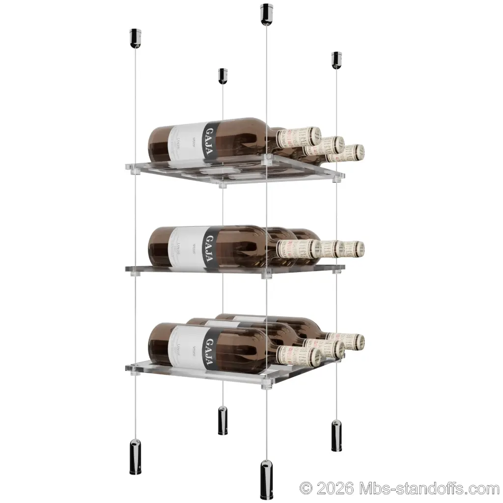 Sauvignon - Pouilly-Fumé Collection Bottle Display Cable Cradle Kit, 9-Bottle (3x3) Capacity, Floating Cable System, 3-Bottle Flat Acrylic Cradle, Cable: 1/16″ Diameter, 13′-1″ Length with Chrome Mirror Hanger