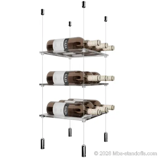 [ACG1904CP-CF03C-K3] Sauvignon - Pouilly-Fumé Collection Bottle Display Cable Cradle Kit, 9-Bottle (3x3) Capacity, Floating Cable System, 3-Bottle Flat Acrylic Cradle, Cable: 1/16″ Diameter, 13′-1″ Length with Chrome Mirror Hanger