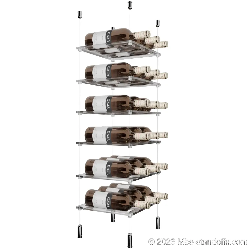 Sauvignon - Pouilly-Fumé Collection Bottle Display Cable Cradle Kit, 18-Bottle (3x6) Capacity, Floating Cable System, 3-Bottle Flat Acrylic Cradle, Cable: 1/16″ Diameter, 13′-1″ Length with Chrome Mirror Hanger