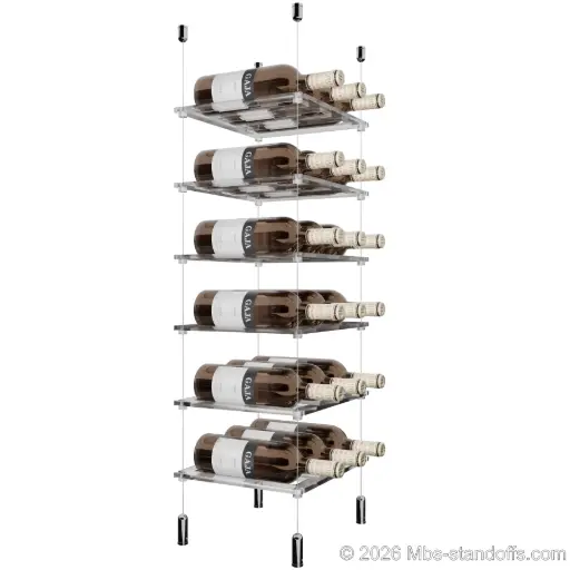 [ACG1904CP-CF03C-K6] Sauvignon - Pouilly-Fumé Collection Bottle Display Cable Cradle Kit, 18-Bottle (3x6) Capacity, Floating Cable System, 3-Bottle Flat Acrylic Cradle, Cable: 1/16″ Diameter, 13′-1″ Length with Chrome Mirror Hanger