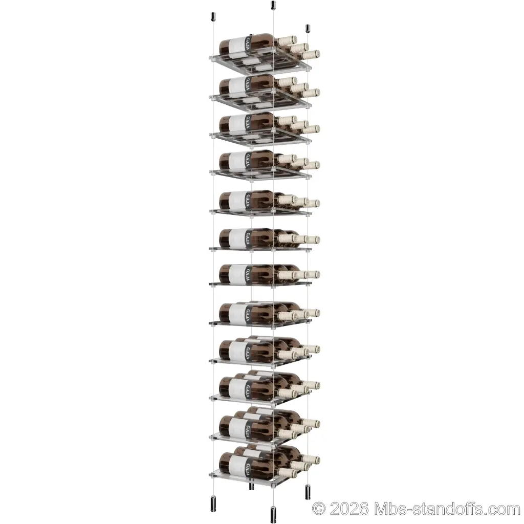 Sauvignon - Pouilly-Fumé Collection Bottle Display Cable Cradle Kit, 36-Bottle (3x12) Capacity, Floating Cable System, 3-Bottle Flat Acrylic Cradle, Cable: 1/16″ Diameter, 13′-1″ Length with Chrome Mirror Hanger