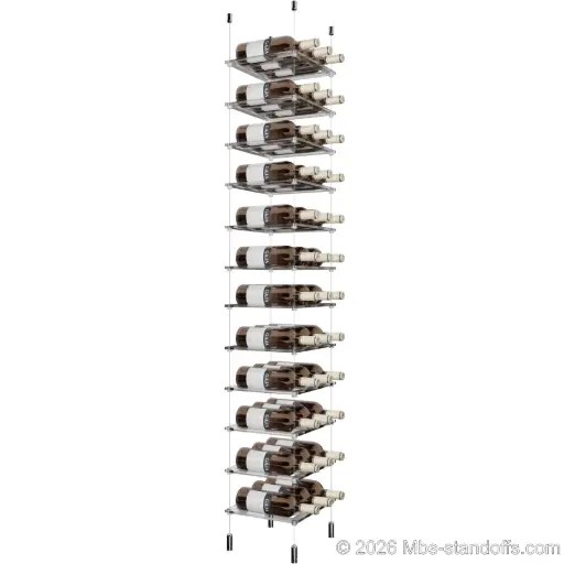 [ACG1904CP-CF03C-K12] Sauvignon - Pouilly-Fumé Collection Bottle Display Cable Cradle Kit, 36-Bottle (3x12) Capacity, Floating Cable System, 3-Bottle Flat Acrylic Cradle, Cable: 1/16″ Diameter, 13′-1″ Length with Chrome Mirror Hanger