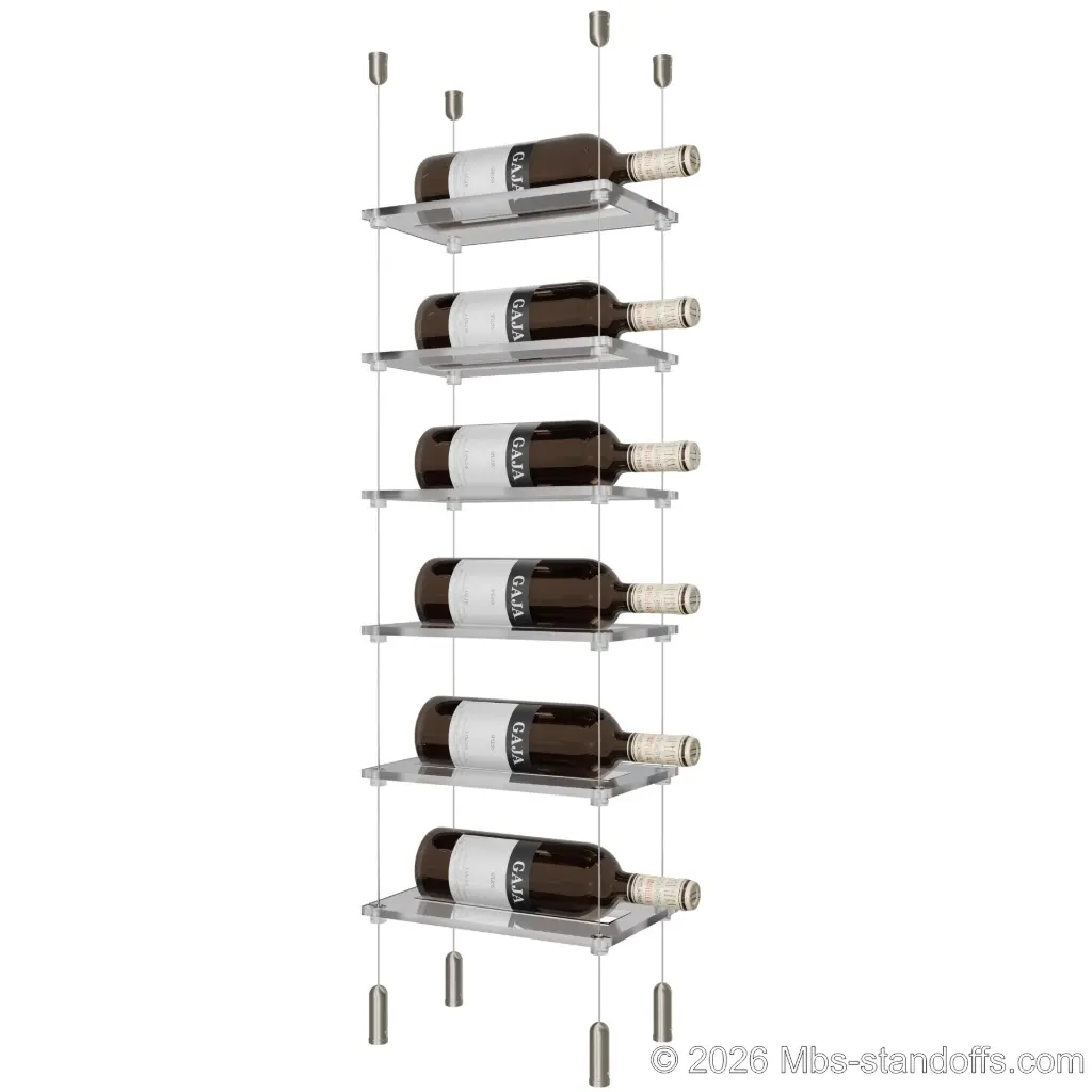 Sauvignon - Pouilly-Fumé Collection Bottle Display Cable Cradle Kit, 6-Bottle Capacity, Floating Cable System, 1-Bottle Flat Acrylic Cradle, Cable: 1/16″ Diameter, 13′-1″ Length with Satin Brushed Hanger