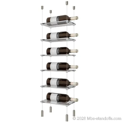 [SCG1904-CF01C-K6] Sauvignon - Pouilly-Fumé Collection Bottle Display Cable Cradle Kit, 6-Bottle Capacity, Floating Cable System, 1-Bottle Flat Acrylic Cradle, Cable: 1/16″ Diameter, 13′-1″ Length with Satin Brushed Hanger