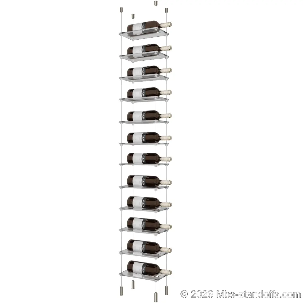 Sauvignon - Pouilly-Fumé Collection Bottle Display Cable Cradle Kit, 12-Bottle Capacity, Floating Cable System, 1-Bottle Flat Acrylic Cradle, Cable: 1/16″ Diameter, 13′-1″ Length with Satin Brushed Hanger