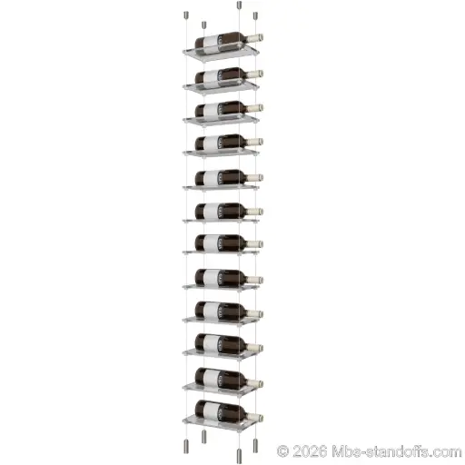 [SCG1904-CF01C-K12] Sauvignon - Pouilly-Fumé Collection Bottle Display Cable Cradle Kit, 12-Bottle Capacity, Floating Cable System, 1-Bottle Flat Acrylic Cradle, Cable: 1/16″ Diameter, 13′-1″ Length with Satin Brushed Hanger