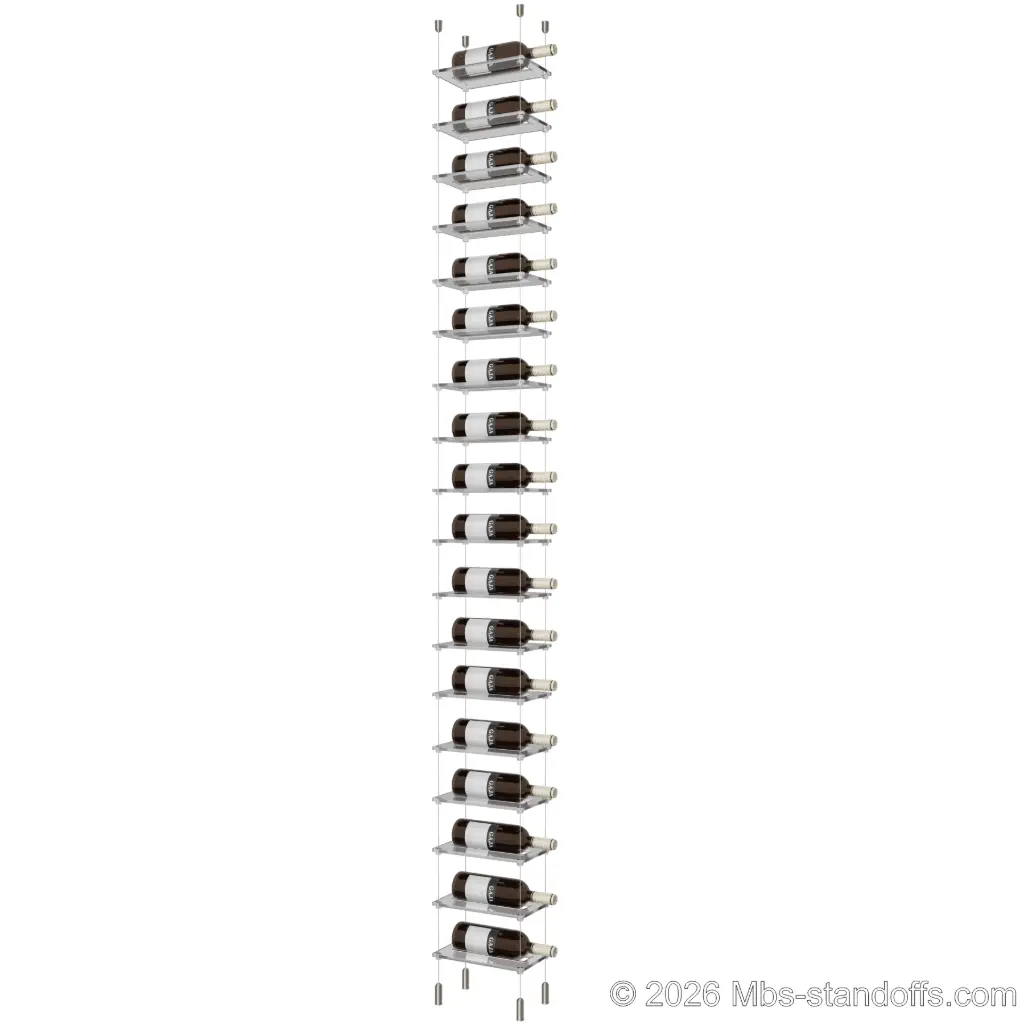 Sauvignon - Pouilly-Fumé Collection Bottle Display Cable Cradle Kit, 18-Bottle Capacity, Floating Cable System, 1-Bottle Flat Acrylic Cradle, Cable: 1/16″ Diameter, 13′-1″ Length with Satin Brushed Hanger