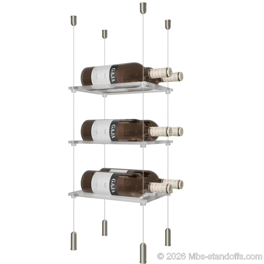 Sauvignon - Pouilly-Fumé Collection Bottle Display Cable Cradle Kit, 6-Bottle (2x3) Capacity, Floating Cable System, 2-Bottle Flat Acrylic Cradle, Cable: 1/16″ Diameter, 13′-1″ Length with Satin Brushed Hanger