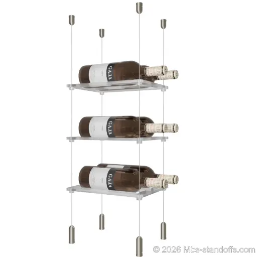 [SCG1904-CF02C-K3] Sauvignon - Pouilly-Fumé Collection Bottle Display Cable Cradle Kit, 6-Bottle (2x3) Capacity, Floating Cable System, 2-Bottle Flat Acrylic Cradle, Cable: 1/16″ Diameter, 13′-1″ Length with Satin Brushed Hanger