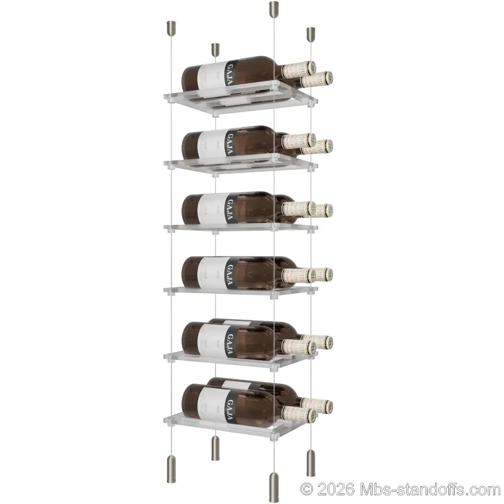 Sauvignon - Pouilly-Fumé Collection Bottle Display Cable Cradle Kit, 12-Bottle (2x6) Capacity, Floating Cable System, 2-Bottle Flat Acrylic Cradle, Cable: 1/16″ Diameter, 13′-1″ Length with Satin Brushed Hanger